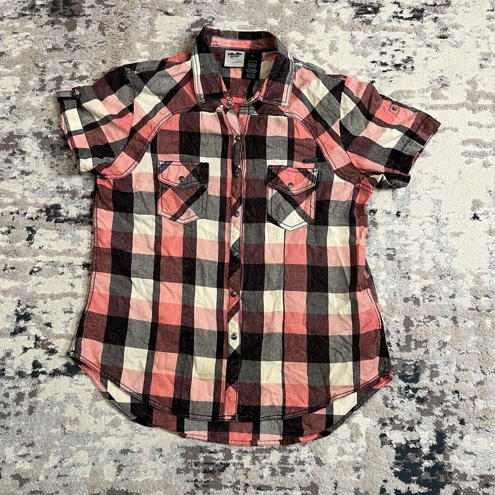 Harley-Davidson Women Embroidered Short Sleeve Plaid Button Up Shirt Biker Sz L